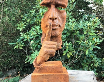 Sculptuur "Stilte" | Gietijzeren gezicht | Buste man | Tuinbeeld |