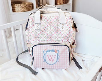 Personalized Monogram Diaper Bag Backpack, Custom Initial Nappy Bag, Pink Gingham Baby Backpack, Baby Girl Shower Gift, Preppy Nursery Bag