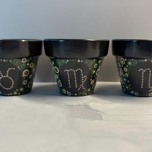 May include: Three small, hand-painted black flower pots. Each pot features a different zodiac symbol in white, surrounded by green and white dot patterns. The rims are painted black.