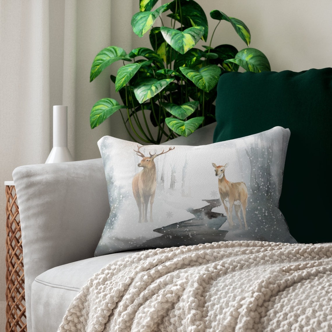 Winter Deer Scene Lumbar Pillow 14 X 20 Etsy UK