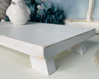White Distressed Wood Table Riser: Farmhouse Pedestal Decor, Angled Foot Riser