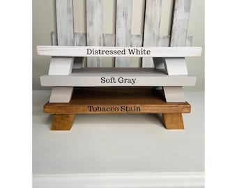 Gray Farmhouse Table Riser: Rustic Wood Pedestal Tray, Kitchen Decor
