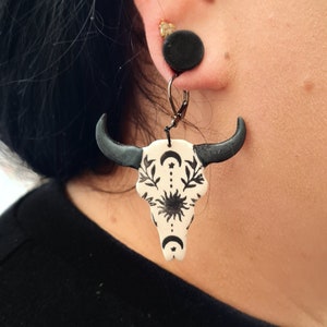 Polymer clay earrings pair &quot;Sun and Moon Cowhead&quot; in anthracite beige / hanger & plug / handmade, unique, special /
