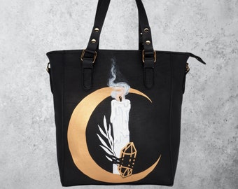 Hand painted upcycling black shopper bag "Candle Spell" white, rose gold on black with shoulder strap and inner pocket