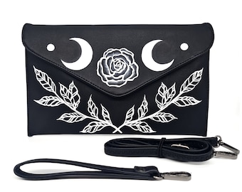 Handbemalte Upcycling Clutch umhängetasche "Mondrosen" in weiß auf schwarz mit abnehmbarem Schulterriemen und Handschlaufe