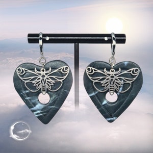 Polymer clay Earrings Pair "Planchette Moth Silver" Anthracite Shimmering Marbled /Hanging Tube Rings /Handmade, Unique, Special /
