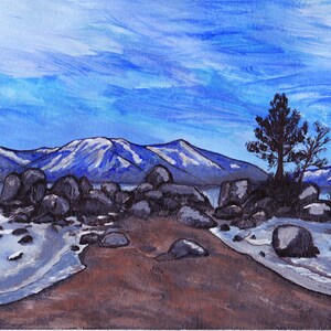 May include: A watercolour painting depicting a mountain range with snow-capped peaks, a lake, and a rocky shoreline with a few trees. The sky is a bright blue with white clouds.