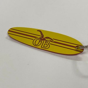 Engraved Yellow and Red Ocean Beach Surfboard Keychain
