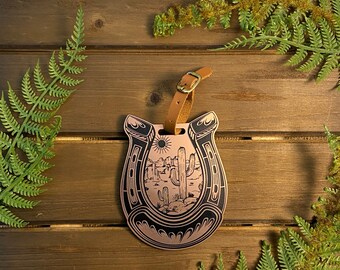 Copper Toned Engraved Horseshoe Desert Scene Luggage Tag