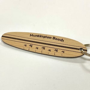 Engraved Huntington Beach Palm Tree Surfboard Keychain