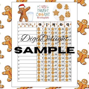 Può includere: Una scheda di bingo stampabile con un tema di pan di zenzero. La scheda ha una griglia 5x5 con i numeri da 1 a 75. La casella centrale dice "Bingo". La scheda è decorata con omini di pan di zenzero e biscotti.