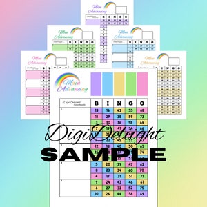 May include: A set of colorful bingo cards with a rainbow design. The cards are labeled "Mini Advancing" and "Main Advancing". The numbers on the cards range from 1 to 75.