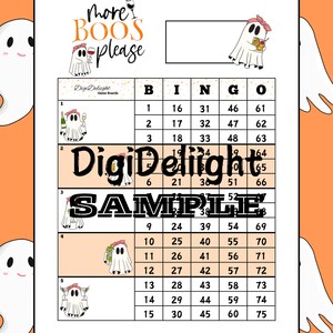 Könnte beinhalten: Eine druckbare Halloween-Bingo-Karte mit einer Geisterillustration und dem Text "More Boos Please". Die Karte hat die Zahlen 1-75 in einem 5x5-Raster.