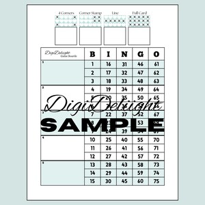 Puede incluir: Una tarjeta de bingo imprimible con los números del 1 al 75 en una cuadrícula de 5x5. La tarjeta está etiquetada como "Bingo" y tiene una tarjeta de muestra con la palabra "Sample" escrita en ella.