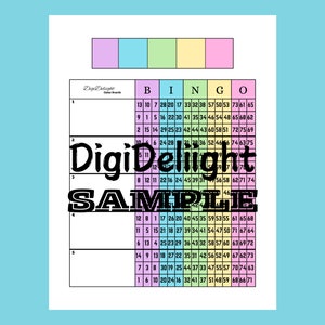 Puede incluir: Una tarjeta de bingo imprimible con un esquema de color rosa, azul claro, verde claro, amarillo y rosa. Los números del 1 al 75 están dispuestos en una cuadrícula de 5x5 con el cuadrado central etiquetado como "B I N G O".