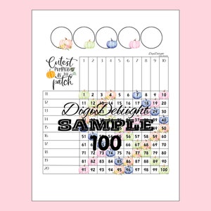 May include: A printable 100-square grid with a fall theme. The grid is filled with images of pumpkins in various colors, including pink, blue, and green. The text "Cutest Pumpkin in the Patch" is at the top of the grid.