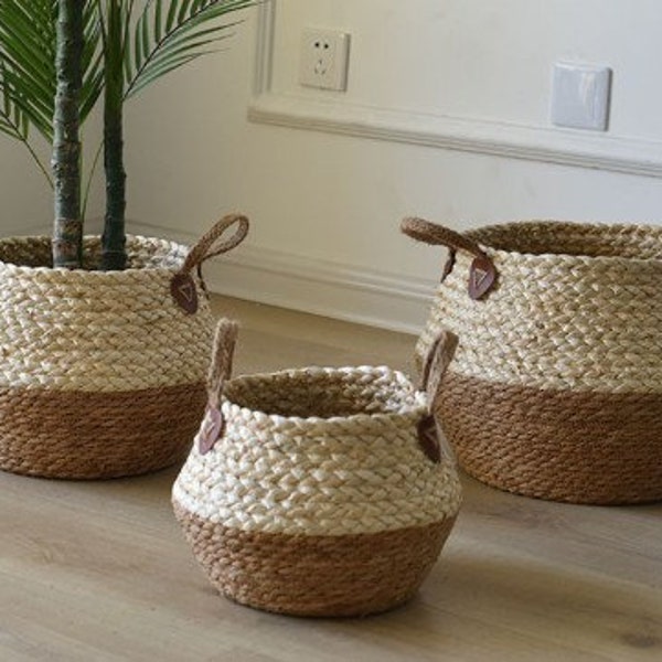 Seagrass Basket Planter Wicker Belly Basket Laundry Storage Organiser Plant Holder Home Decoration Decor Woven Storage Water Hyacinth