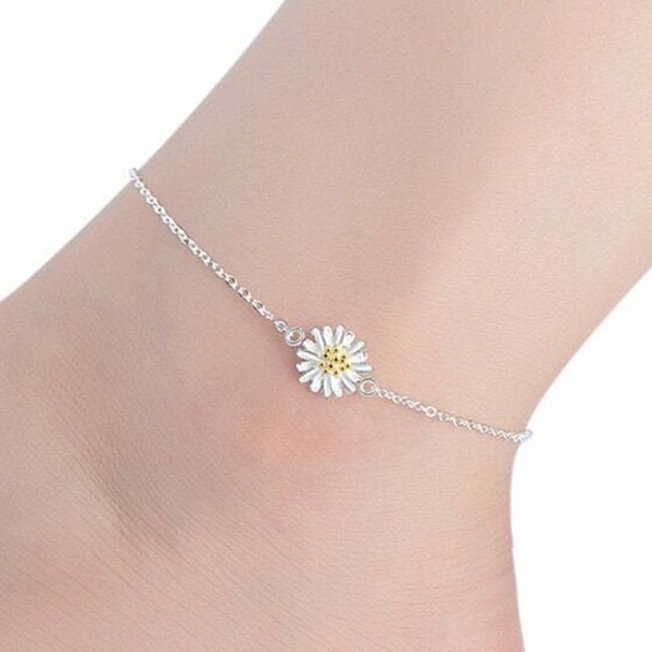 925 Sterling Silver Jewellery Elegant Chain Bracelet Anklet Shiny Sunflower, ideal as gift or just for you