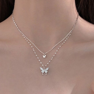 925 Sterling Silver Double Layer Necklace Chain Shiny Double Crystal butterfly UK, ideal as gift or just for you
