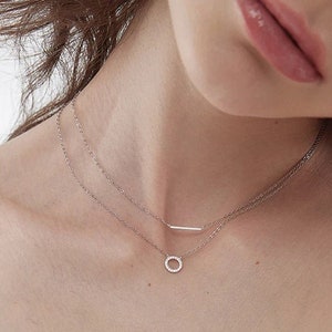 Elegant 925 Sterling Silver Double Layer Necklace Crystal Circle Bar Pendant, ideal as gift or just for you