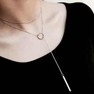 Elegant 925 Sterling Silver Chain Necklace Lariat 29.5" (75 cm) Circle & Bar Pendant UK, ideal as gift