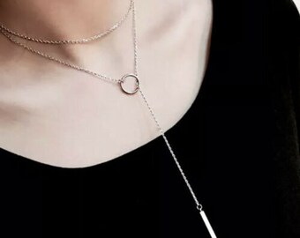 Elegant 925 Sterling Silver Chain Necklace Lariat 29.5" (75 cm) Circle & Bar Pendant UK, ideal as gift