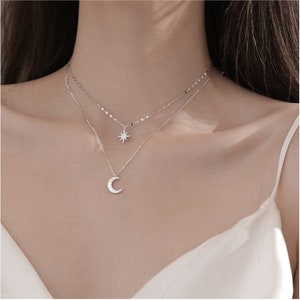 925 Sterling Silver Double Layer Necklace Shiny Pendant Crescent Moon and star UK, ideal as gift or just for you Valentine’s Day gift