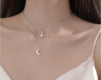 925 Sterling Silver Double Layer Necklace Shiny Pendant Crescent Moon and star UK, ideal as gift or just for you Valentine’s Day gift