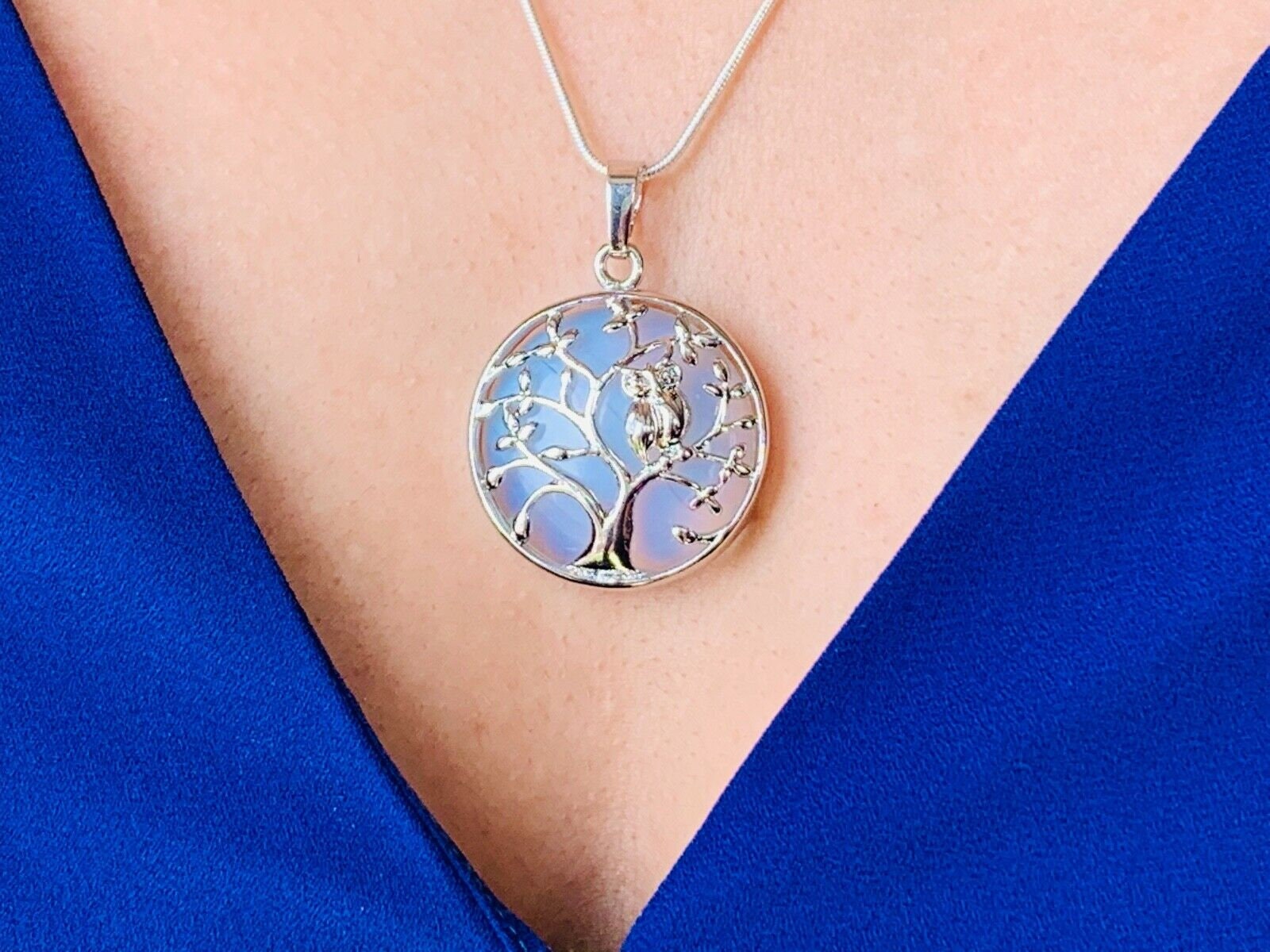 Beautiful Opal Tree of Life Bead Owl pendant on Long 24" Snake Silver Chain Necklace UK, ideal 