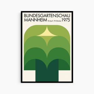 May include: A green and yellow geometric poster with the text "Bundesgartenschau Mannheim 18.April - 19.October 1975".