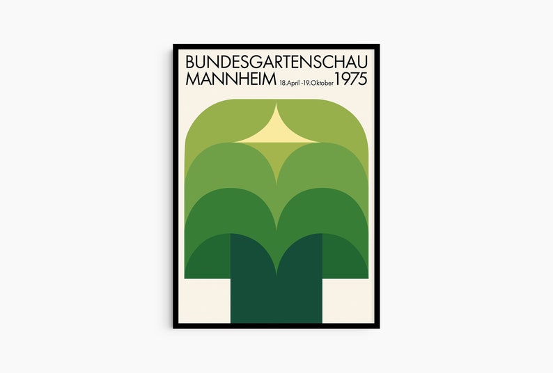 May include: A green and yellow geometric poster with the text "Bundesgartenschau Mannheim 18.April - 19.October 1975".