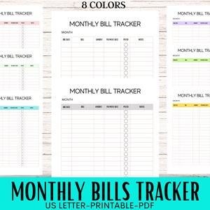 Pode incluir: Rastreador de contas mensal imprimível em oito cores diferentes: rosa, verde, azul, cinza, roxo, amarelo, verde claro e azul claro. O rastreador inclui colunas para o mês, data de vencimento, conta, valor, pagamento devido, pago e notas.