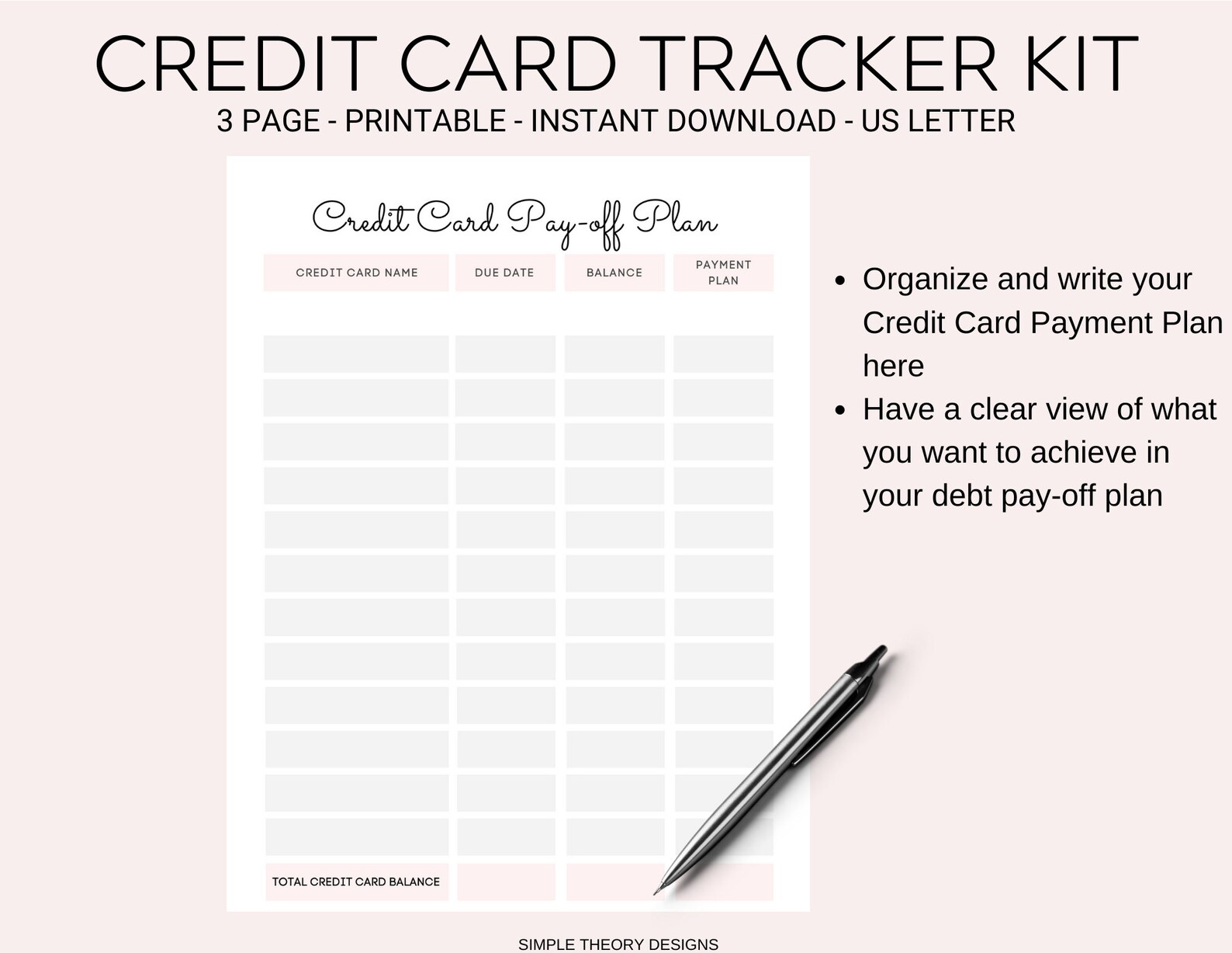 Credit Card Tracker Template Organizer Debt Pay off Kit Set Printable 3