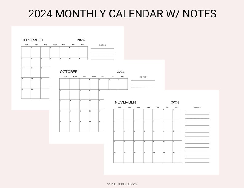 2024 Monthly Calendar With Notes Minimalist Simple Landscape US Letter ...