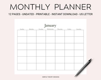 Calendario mensual en blanco sin fecha, planificador perpetuo de 12 meses imprimible