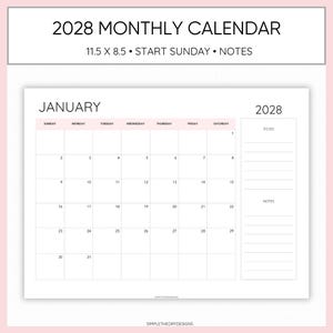 2028 Monthly Calendar With Notes Field Minimalist Simple Printable