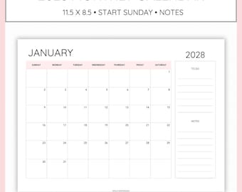 Calendario mensual 2028 con notas de campo minimalista, sencillo e imprimible