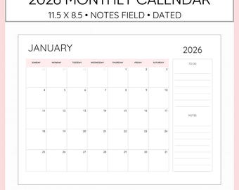 Calendario mensual 2026 con fecha y notas, minimalista, sencillo e imprimible