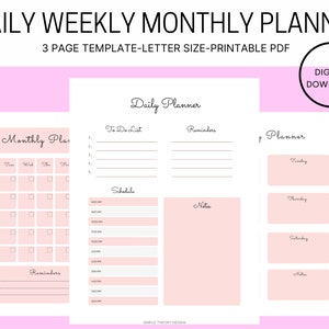 Pode incluir: Modelo de planejador imprimível com três páginas: um calendário mensal, um planejador diário com lista de tarefas, horário, lembretes e notas, e um planejador semanal com espaço para cada dia da semana. As páginas são brancas com detalhes em rosa e texto preto.