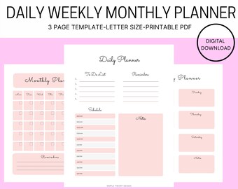 Planificador mensual semanal diario Plantilla imprimible digital 3 páginas