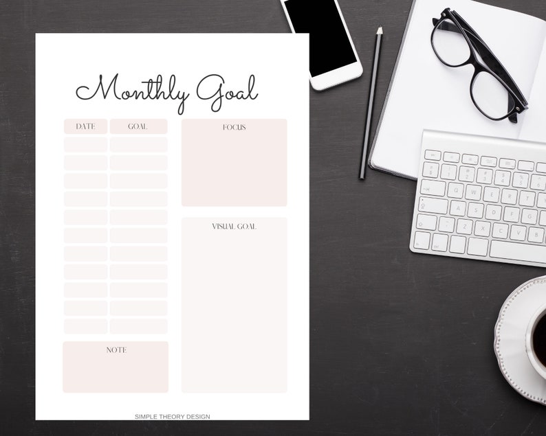 Pode incluir: Um planejador de objetivos mensal imprim&iacute;vel com se&ccedil;&otilde;es para data, objetivo, foco, objetivo visual e notas. O planejador tem um design simples com texto preto em fundo branco.