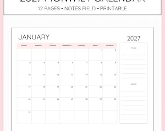 Calendario mensual 2027 con notas imprimibles, formato horizontal, inicio de domingo.