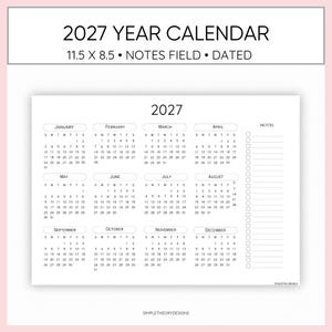 2027 Year At A Glance Calendar With Notes Field Minimalist Simple Printable