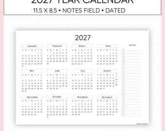 Calendario minimalista de 2027 con notas de campo, sencillo e imprimible