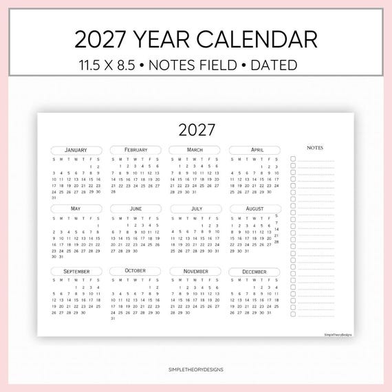2027 Year at A Glance Calendar With Notes Field Minimalist Simple