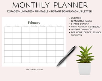 Blank Calendar Monthly Undated 12 Month Calendar Printable Digital Instant Download Printable PDF