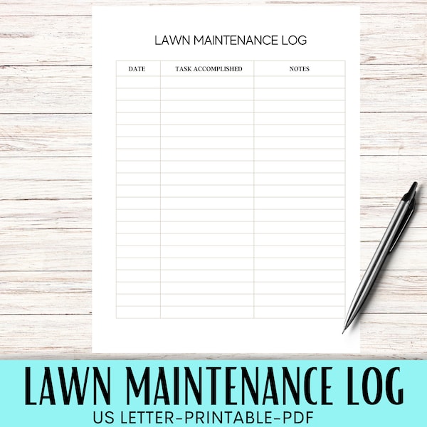 Lawn Maintenance Log Template Simple Minimalist US Letter Printable Digital Instant Download PDF