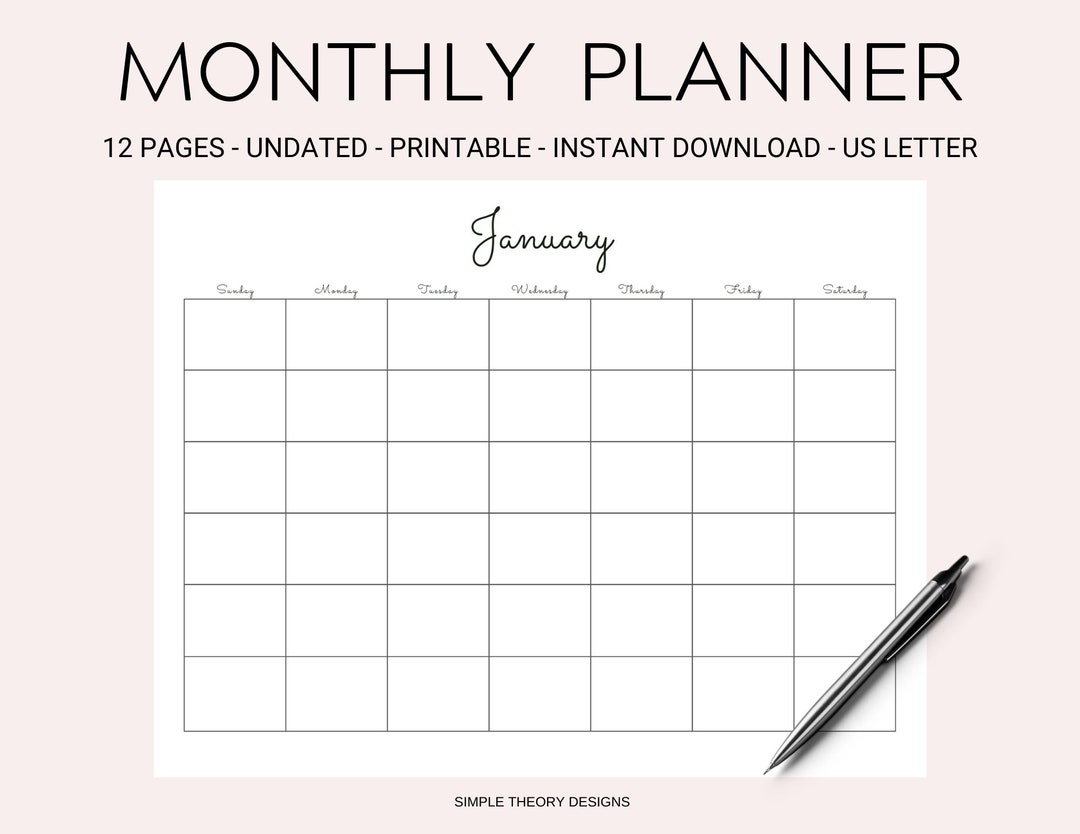 Blank Calendar Monthly 12 Month Printable Digital Instant Download ...