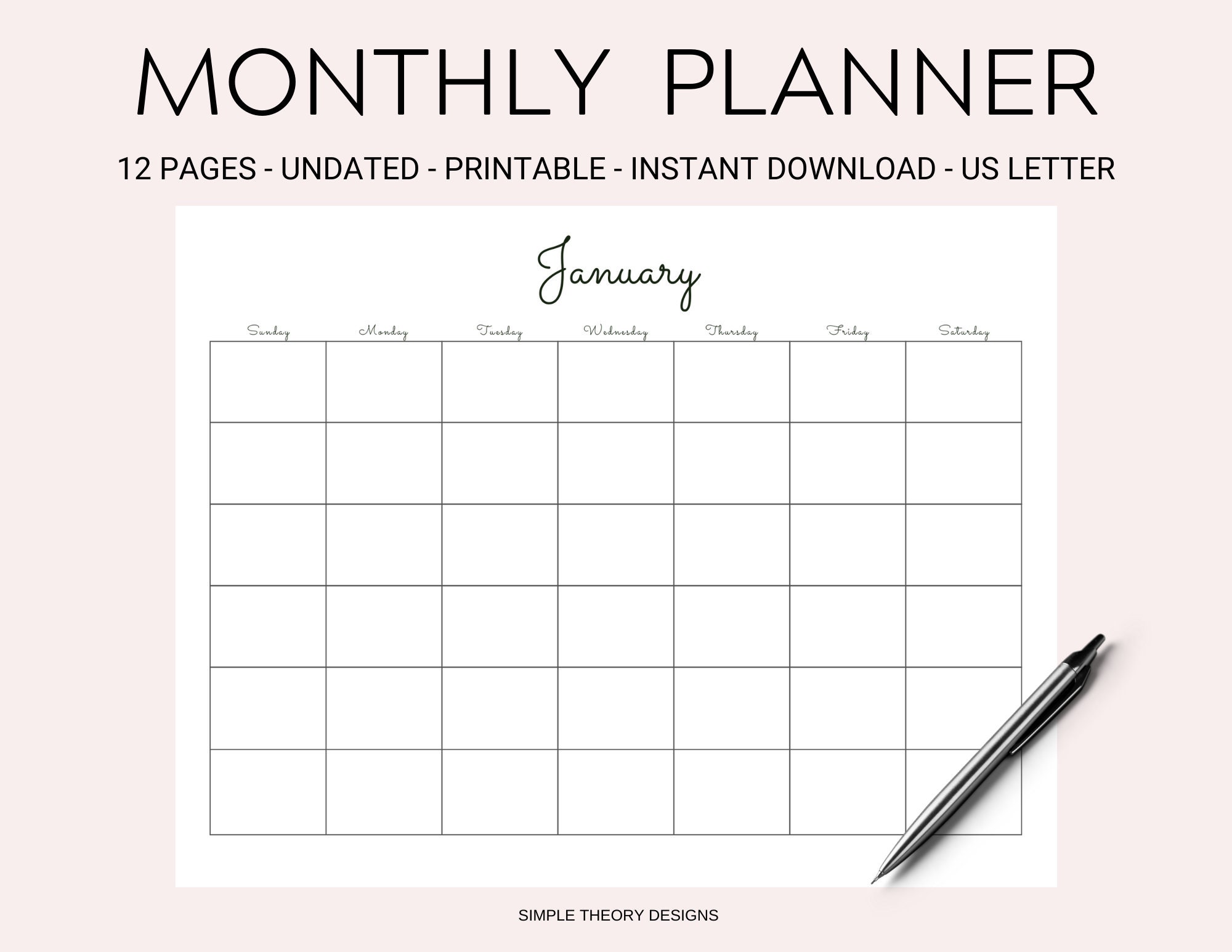 Blank Calendar Monthly 12 Month Printable Digital Instant Download ...