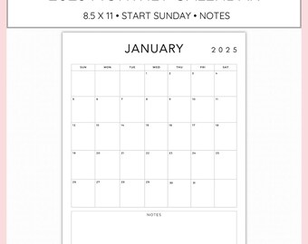 Calendario mensual 2025 con fecha y notas, minimalista, retrato, imprimible